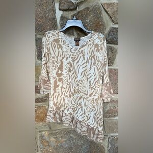 Multiples petites asymmetrical waist top. Flare sheer sleeve and bottom trim.